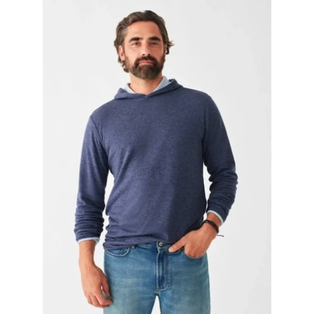 Faherty Mens Heathered Blue Reversible Long Sleeve Hoodie Casual Comfort Top